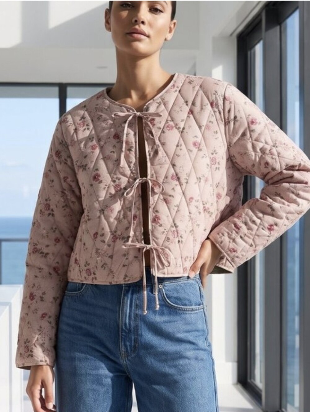 Anthropologie Avec Les Filles Women's Pink Floral Quilted Jacket L
